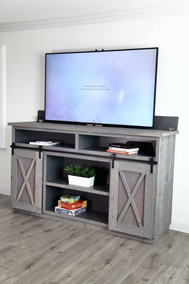 How to Build a DIY Farmhouse Media Console with a TV Lift TheDIYPlan