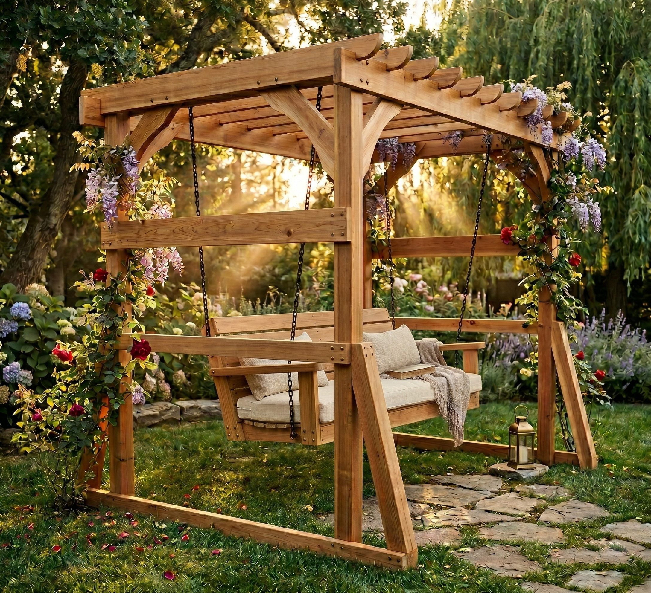 DIY pergola with porch swing bench plans