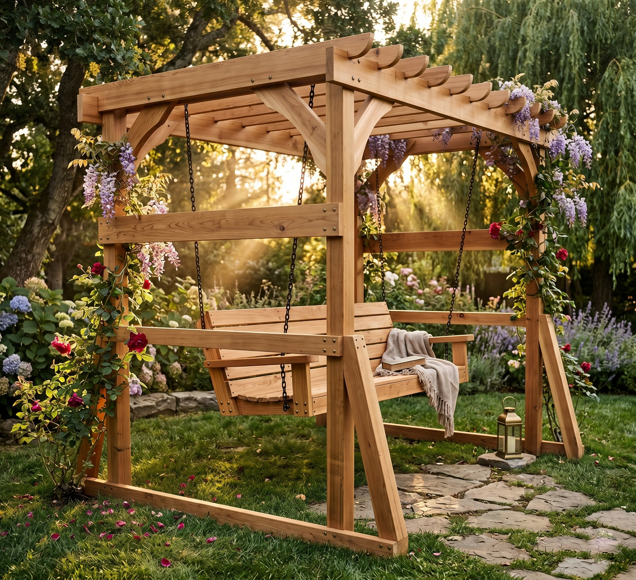 DIY pergola with porch swing bench plans