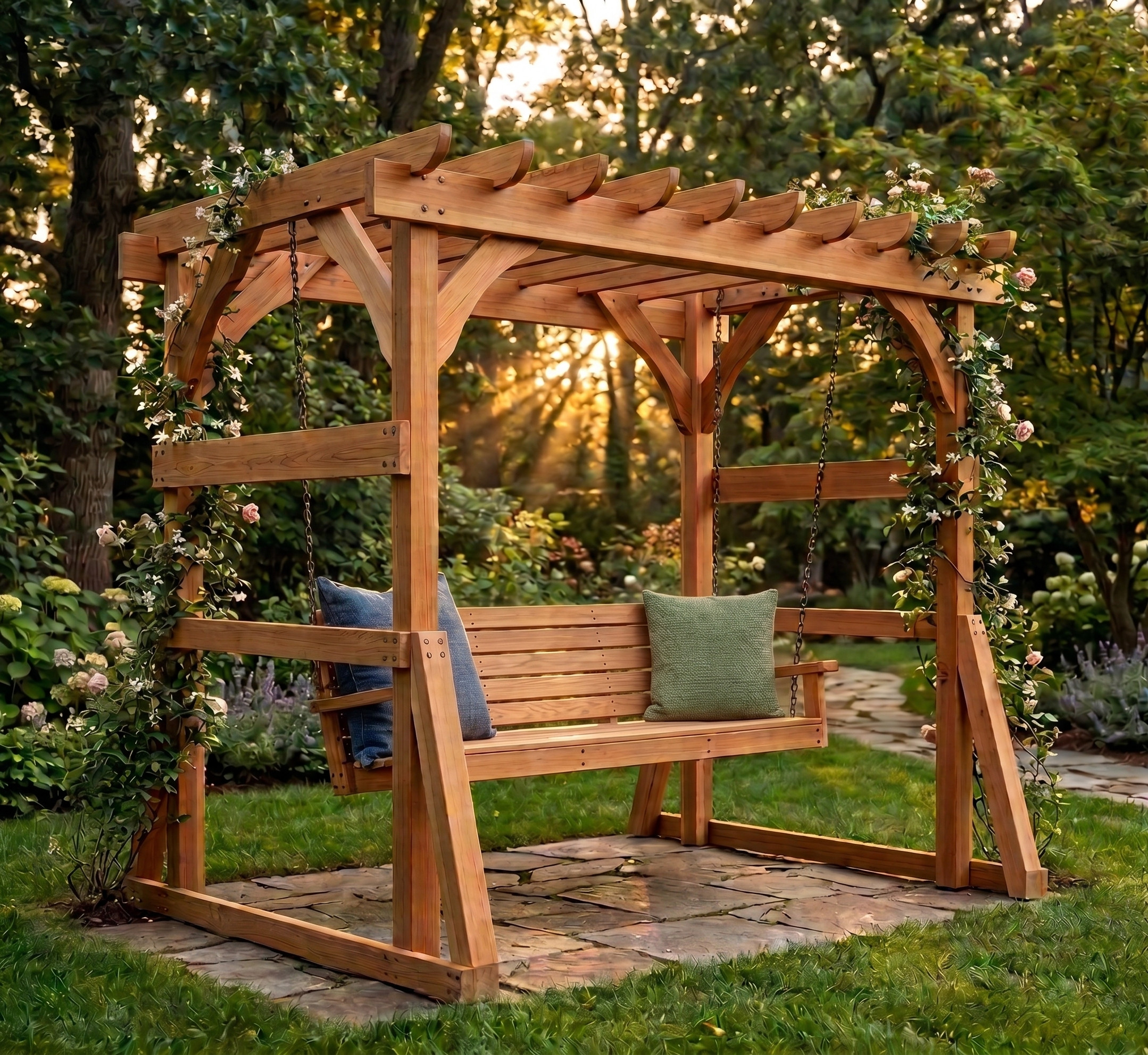 DIY pergola with porch swing bench plans