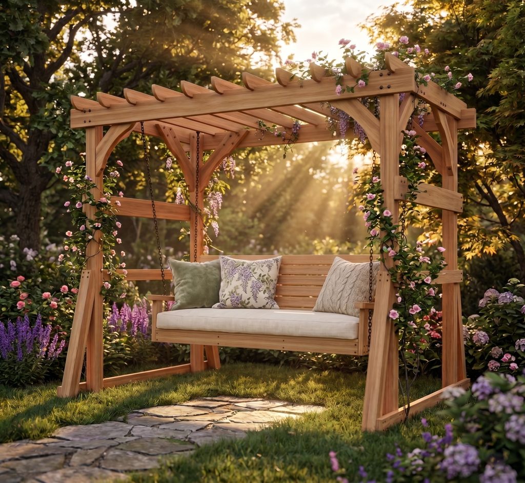 DIY pergola with porch swing bench plans