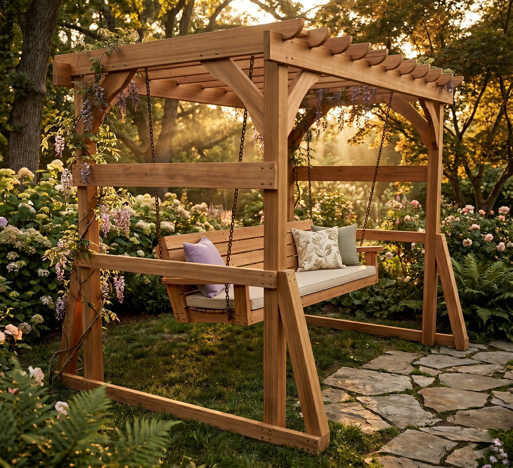 DIY pergola with porch swing bench plans