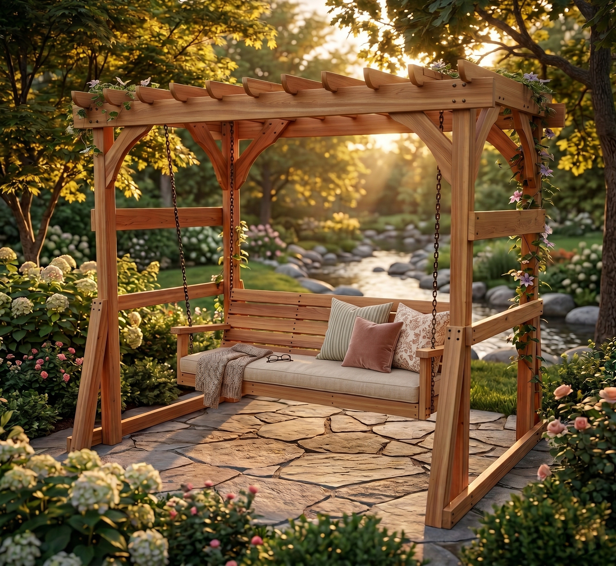 DIY pergola with porch swing bench plans