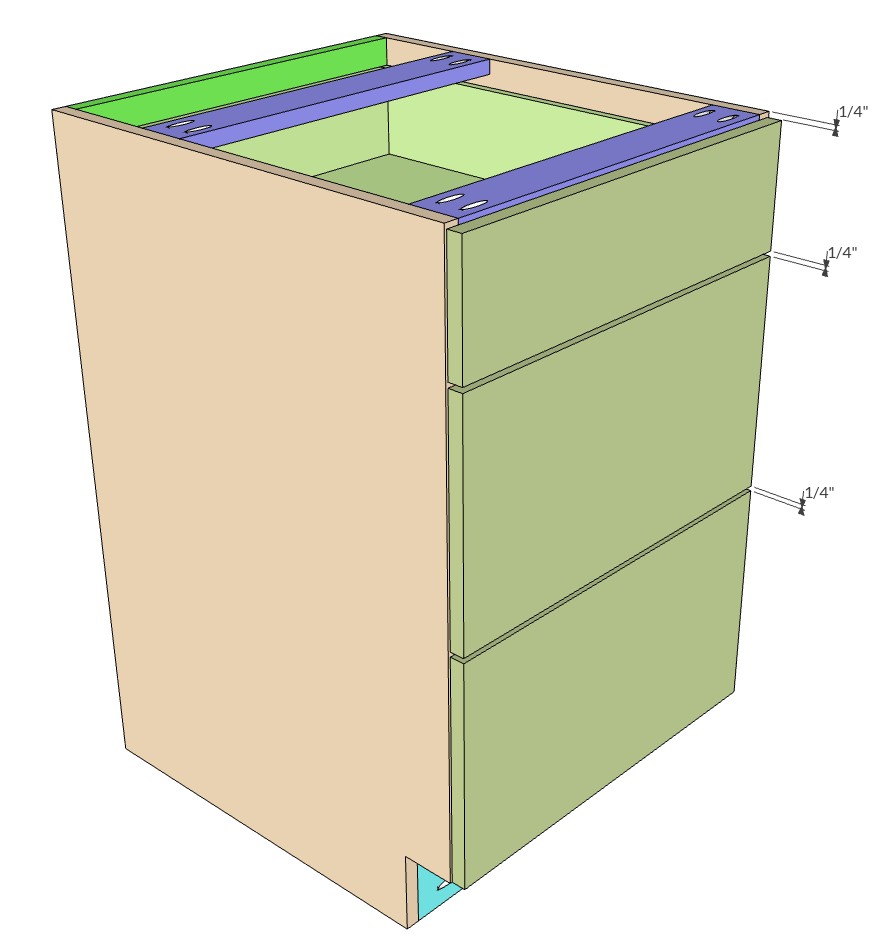 DIY Frameless Bad Cabinet 21" wide, three drawer, slap style