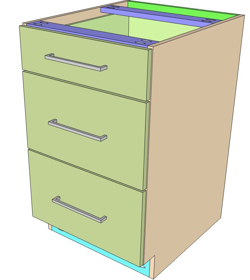 DIY Frameless Bad Cabinet 21" wide, three drawer, slap style