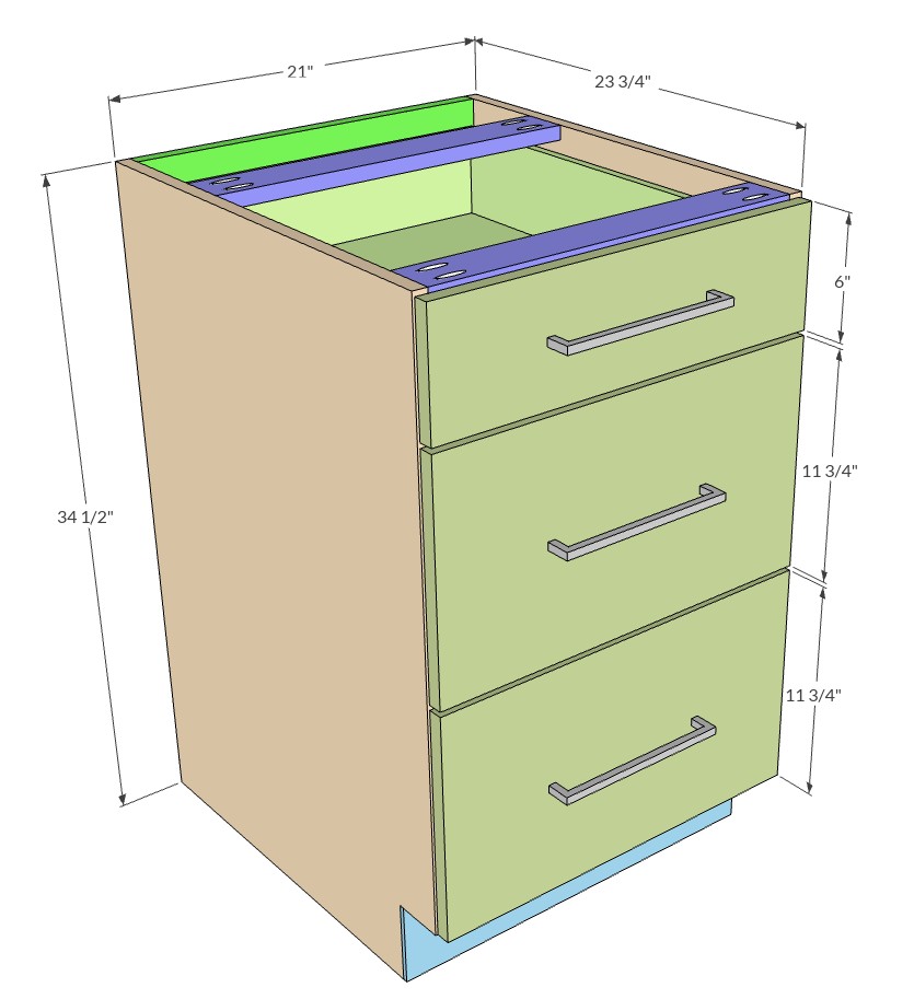 DIY Frameless Bad Cabinet 21" wide, three drawer, slap style